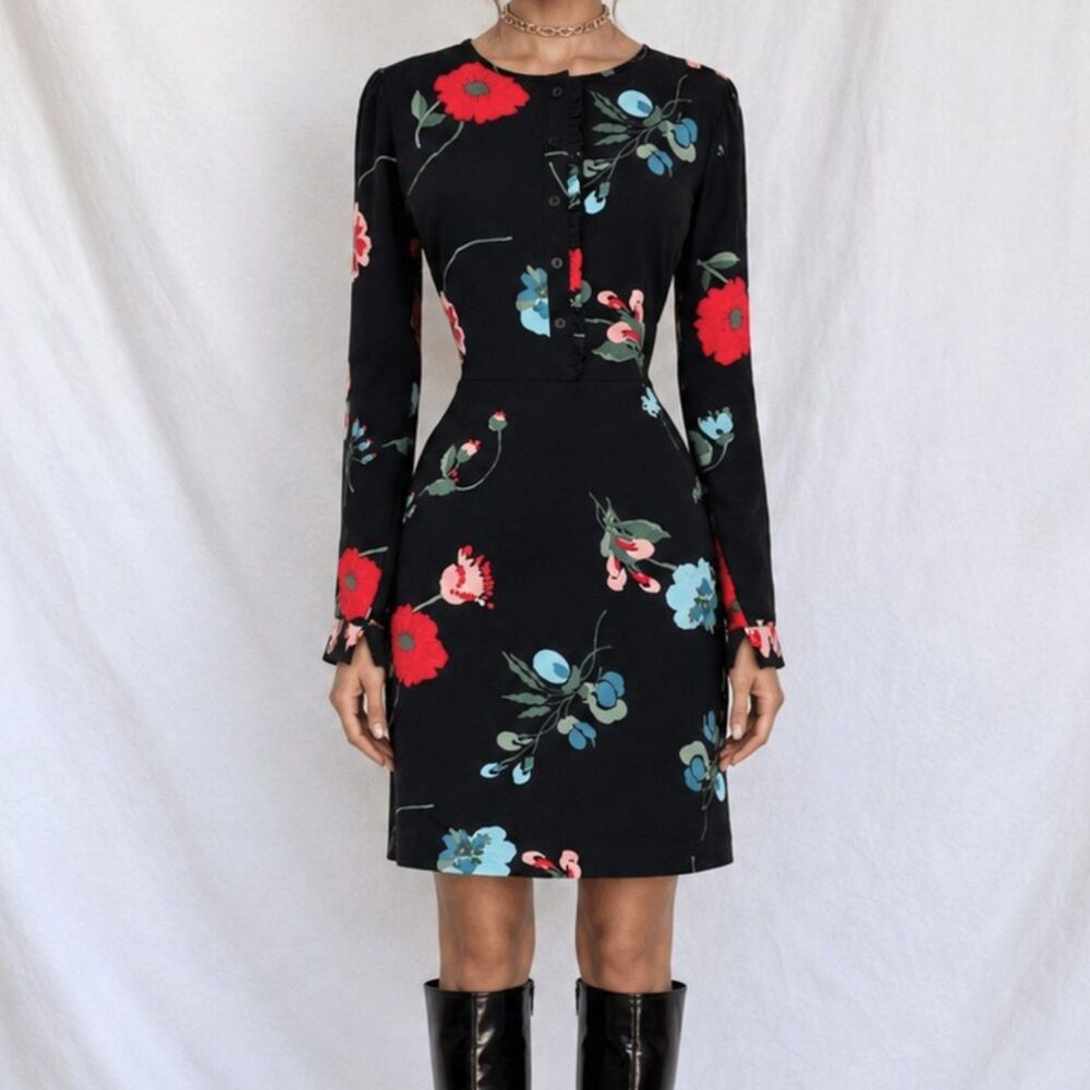 Vintage Y2K Black Long Puffy Sleeve Floral Print Knee Length A-Line Dress Size M